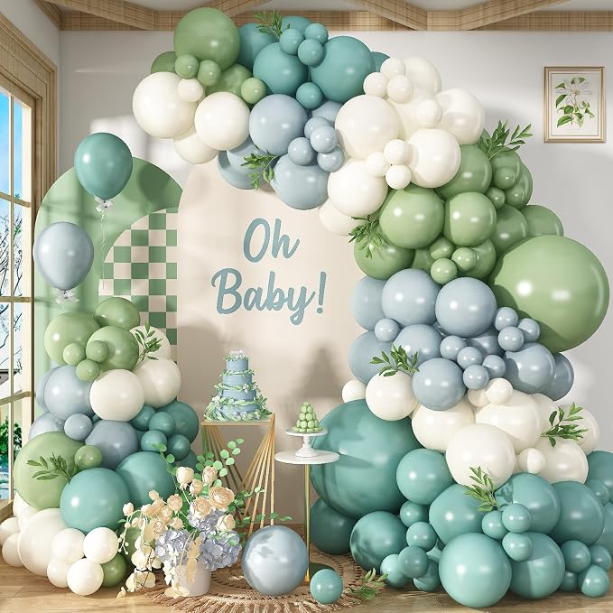 Dusty Blue Sage Green Balloon Arch Kit, Slate Fog Blue Dusty Olive Green White Balloons Different Size for Boho Baby Shower Bridal Shower Wedding Anniversary Neutral Birthday Woodland Party Decoration