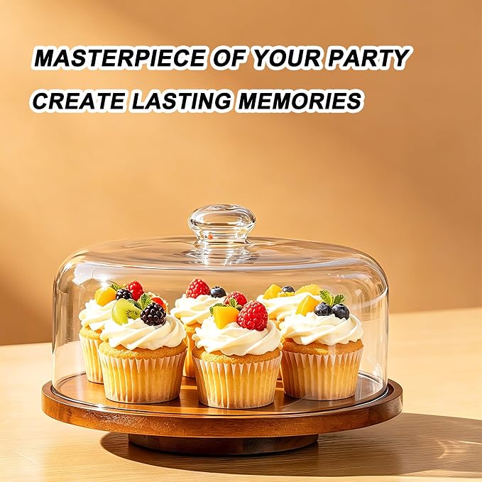 Rotating Acacia Wood Cake Stand with Dome Lid 11 inch Round Wooden Cake Display Plate with Cover for Wedding Birthday Party Kitchen Baking Gifts