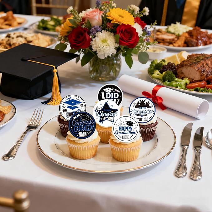 63 PCS Edible 2026 Graduation Cupcake Toppers Diploma Congrats Grad Cap Cupcake Picks Edible I Did it Cake Decorations for Class of 2026 Graduation Theme Party Decorations Supplies Dark Blue