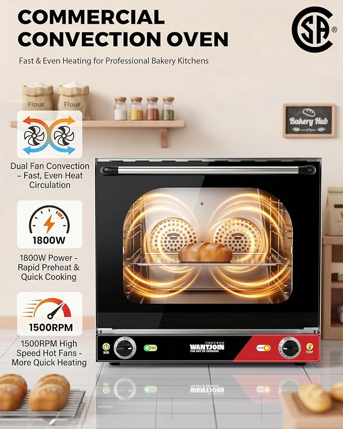 WantJoin Countertop Commercial Convection Oven - 2.3 Cu. Ft./66L Half-Size Oven with Dual Fan, 1800W, CSA Certified, Enamel Interior, Stainless Steel, Temperature Control & Timer, for Restaurants Cafe