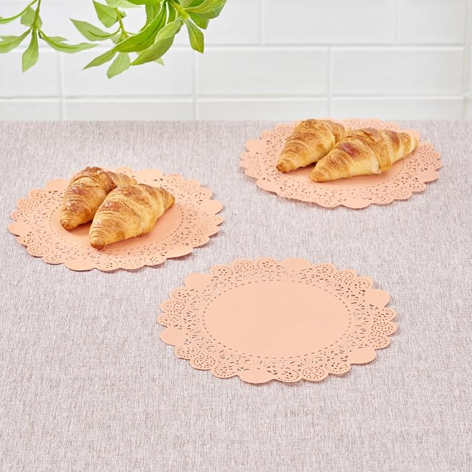 Pastry Tek 8 x 8 Inch Paper Lace Doilies, 100 Disposable Table Doilies - Elegant Lace Finish, Long Lasting, Coral Paper Doily, for Pastries, Cupcakes, Desserts - Restaurantware
