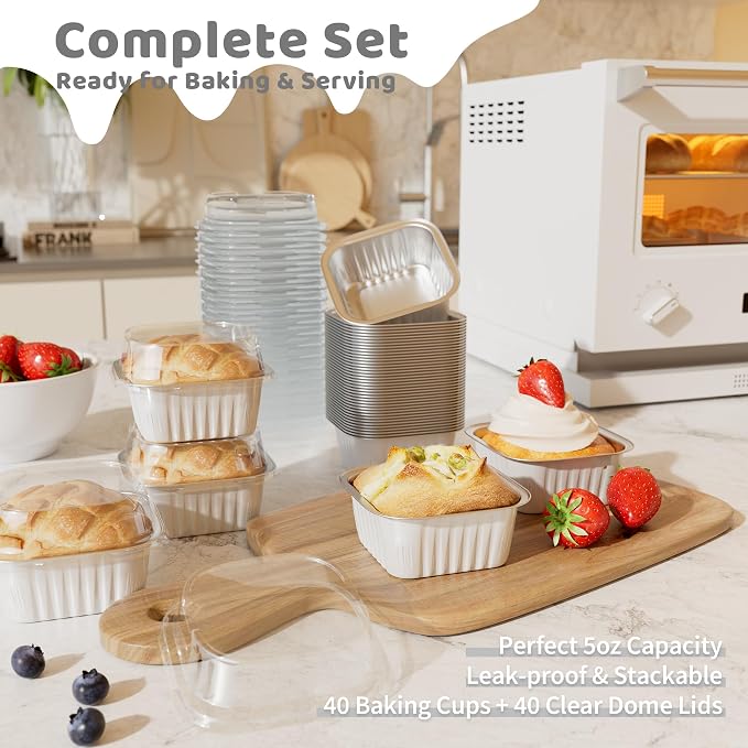 40 Pack 5 OZ Mini Cake Pans with Lids, Disposable Square Aluminum Foil Brownie Baking Cups, Mini Aluminum Foil Cupcake Muffin Tin Ramekins, Flan Molds Cake Containers for Wedding Birthday Party, White