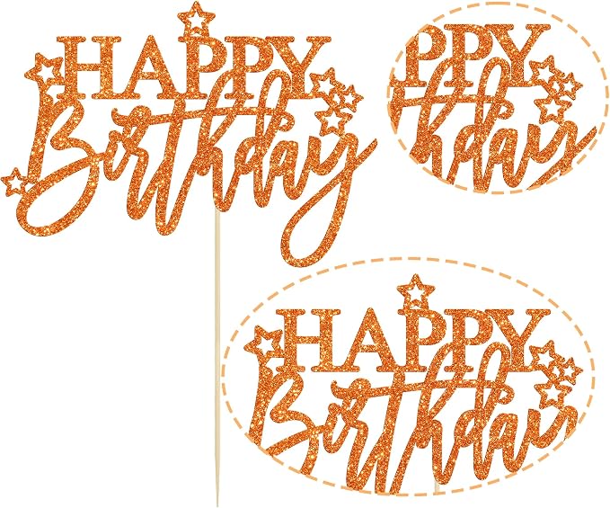 Gyufise 1Pcs Happy Birthday Cake Topper Glitter Cake Pick for Celebrating Anniversary Theme Party Cake Decorations Supplies Light Orange