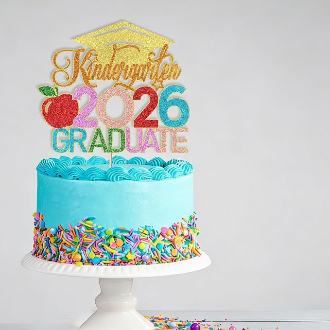 Kindergarten 2026 Graduate Cake Topper, Chirldren Graduation Cake Decorations, Preschool Kindergarten Graduations Party Decoration, Glitter Grad 2026 Happy Graduation (Gold Orange)