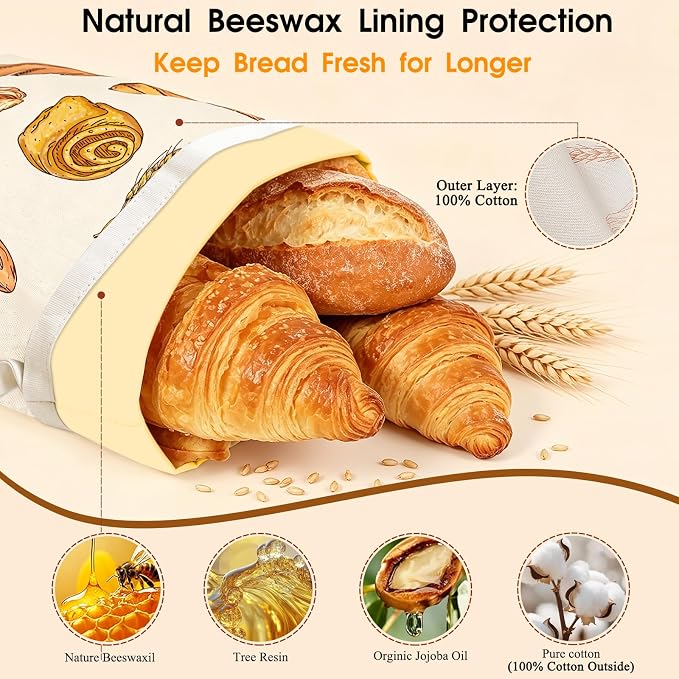 Beeswax Bread Bags for Sourdough, 2 Pack XL Reusable Pure Cotton Organic Beeswax Bread Bag with Bowl Cover, 17 x 13 Inch Bread Bags for Homemade Bread, Keep Fresh, Freezer Safe for Baking, Camping