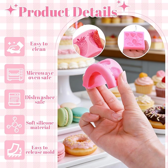 YunKo 3 Pack Strawberry Mold Set, Flexible Silicone Fondant Molds | Strawberry molds for cake decorating, cupcake toppers, chocolate, candy, fondant, and strawberry-shaped treats