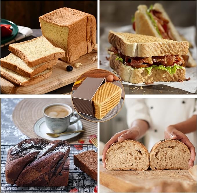 2pack Pullman Bread Pans with Lid, 1LB Capacity, Aluminized Steel Bread Loaf Pan, Non-Stick, Easy Release Sandwich Bread Loaf Pan for Baking Homemade Bread