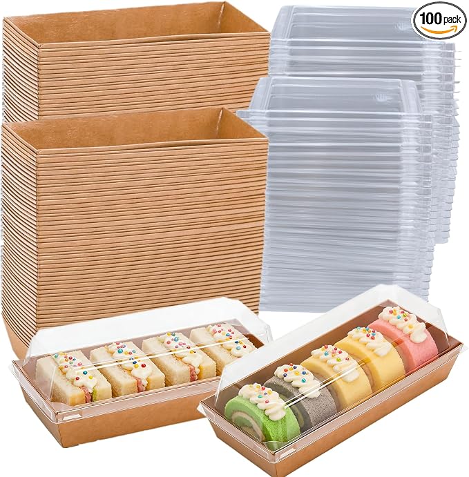100 Pack Disposable Sandwich Boxes, Paper Charcuterie Boxes with Clear Lids, Swiss Roll Cake Container,To Go Dessert Boxes for Sushi, Muffins, Treat, Waffle, Cookie, Food Truck Business