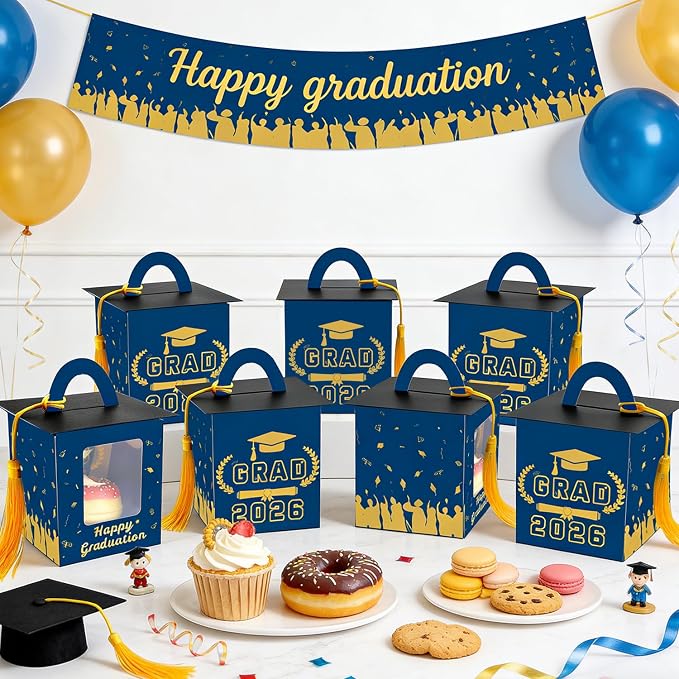 Graduation Cupcake Boxes Individual Cupcake Container Grad Cupcake Gift Boxes with Window for 2026 College Grad Party Bakery Wrapping (Blue-30pc)