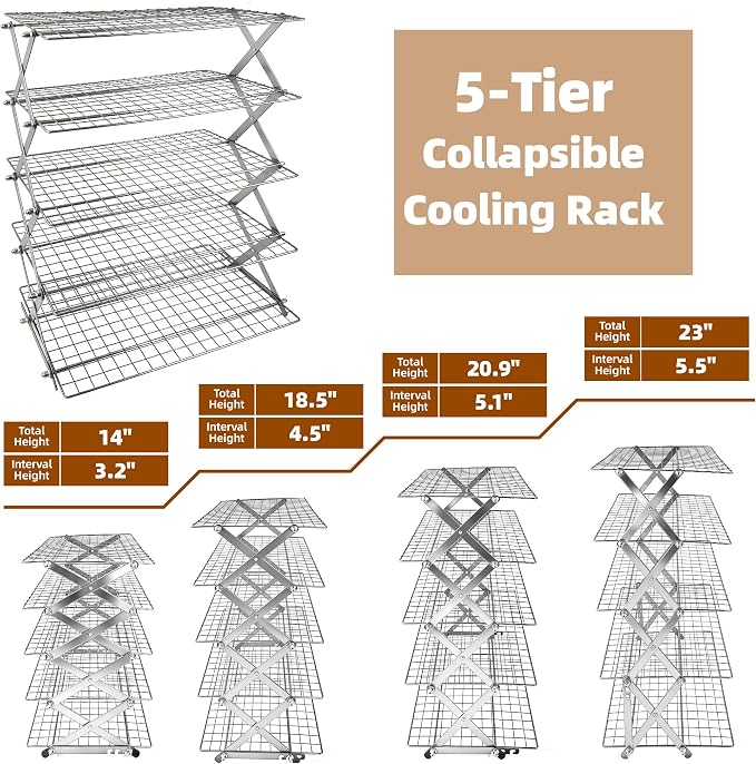 5 Tier Collapsible Cooling Rack with Adjustable 6 Setting Design stackable wire rack for baking sheet for Cookies Baking Gifts for Women