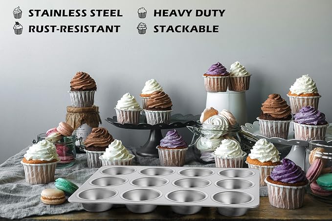 Leonyo Non-Toxic Stainless Steel Muffin Cupcake Pan 12 Cup, 2 Pack | Standard Size Metal Muffin Tin Tray for Baking Cupcake Quiches, Dishwasher Oven Safe