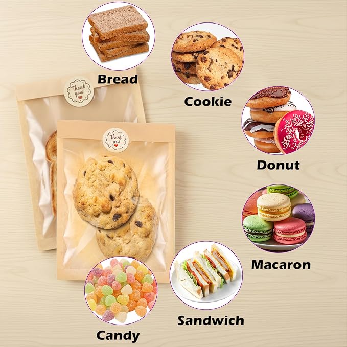 Cookie Bags with Window, 5.1"x7.5" Paper Oil-proof Bakery Bags | 100 Pack Kraft Heat Sealable Cookie Packaging Bags for Gift Giving Bake Sale for Cookies, Donut, Slice, Sandwich