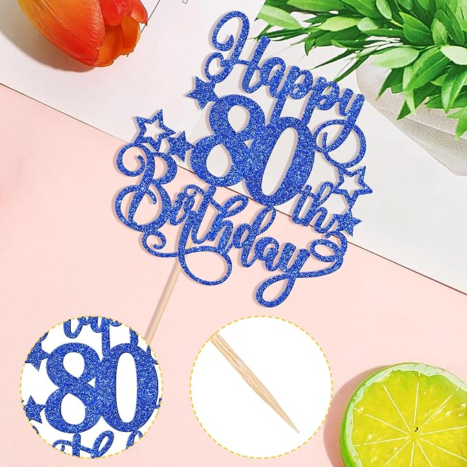 1 PCS Happy 80th Birthday Cake Topper Glitter Cheers to 80 Years Birthday Cake Pick Hello 80 Fabulous Cake Decoration for Happy 80th Birthday Anniversary Party Decorations Supplies Blue