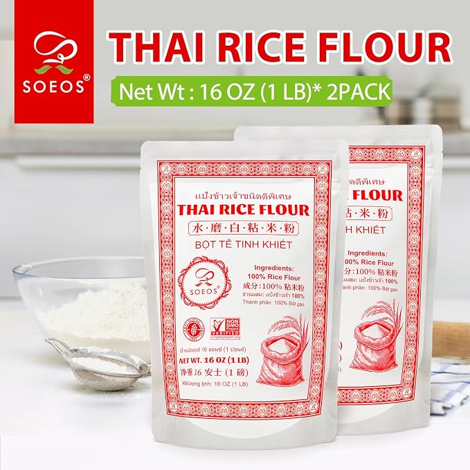 Soeos Thai Rice Flour 32 Ounce (Basic), Rice Flour for Baking or Cooking, All Natural White Rice Flour for Sourdough Bread, Vegan, Gluten-Free