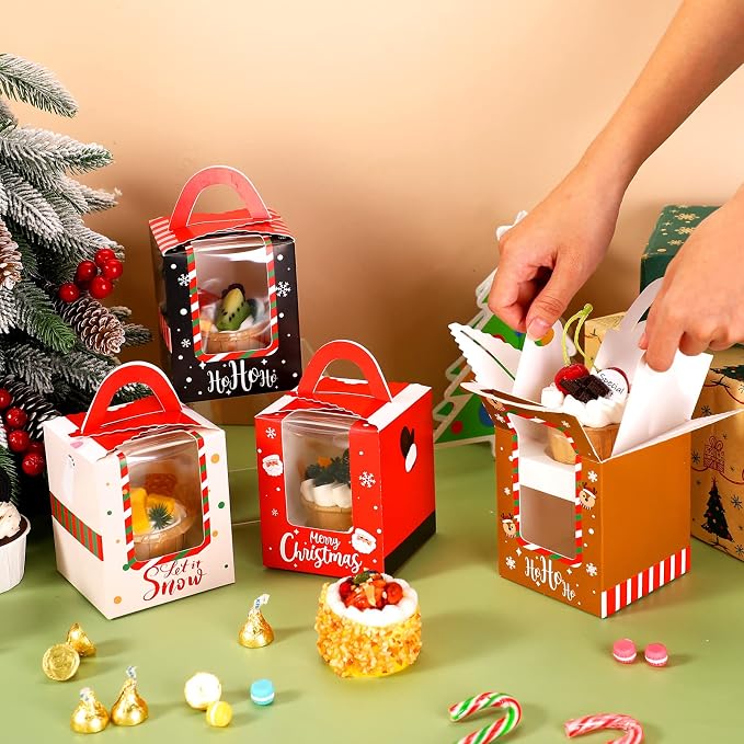 TaoBary 24 Pcs Christmas Cupcake Boxes Xmas Individual Cupcake Box Christmas Cookie Boxes with Window Insert Handle Muffin Pastry Holder Bakery Treat Box for X-mas Party(Bear)