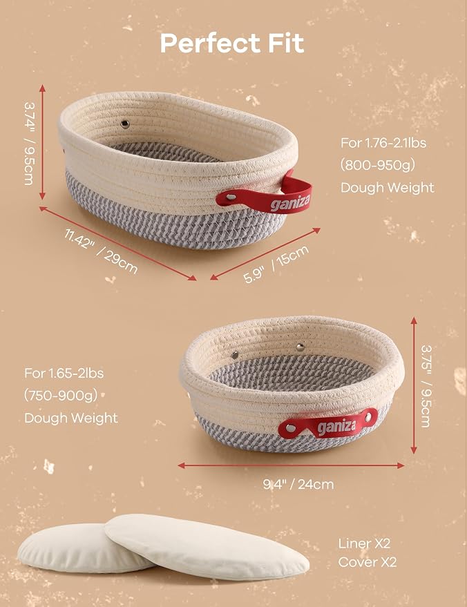 Ganiza Sourdough Starter Kit, Cotton Rope Sourdough Bread Baking Supplies, 9'' Round & 10'' Oval Banneton Basket with Liners & Covers, Sourdough Proofing Basket Kit Gifts for Bakers Women Wife Mom | 9'' Round & 10'' Oval Banneton Basket with Liners & C...