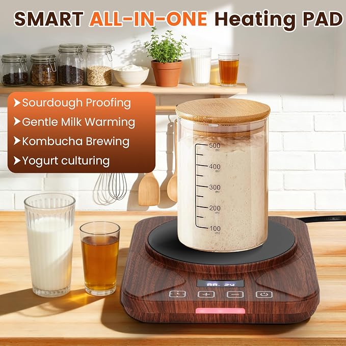 Sourdough Starter Warmer with 1°F Thermostat Control(70-100℉)24H Timer Memory Function Heating Pad for Fermentation, Heating Mat for Home Baking Fits Jars Up to 40oz (Wood Grain)