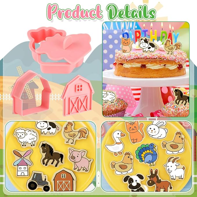 Jspupifip 16 Pack Farm Animal Cookie Cutters Set, 3D Cookie Plunger Stamps Cow Pig Chicken Sheep Animal Circus DIY Press Molds Funny Cartoon Farm Theme Party Baking Supplie Plastic Clay Biscuit Molds