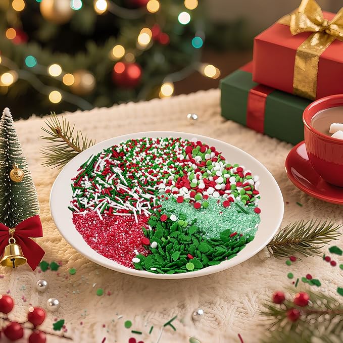Christmas Sprinkles Green Christmas Tree Sprinkles Sanding Gugar Red Green White Jimmies Mix Holiday Cake Sprinkle Confetti Quin Mix Crystral for Cake Baking Ice Cream Cookies Cupcake Topper 6.7 Oz