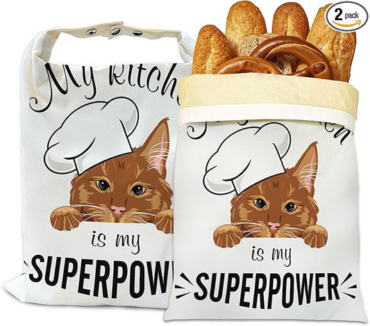 Bread Bags for Homemade Bread, Peeking Ginger Cat 2 Pack Linen and Beeswax Sourdough Storage Bags, Reusable Keeper, Keeps Breads Fresh Longer, Gifts for Bakers