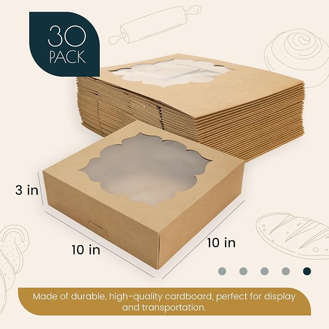 NPLUX 30 Pack Pie Boxes with Window 10x10x3 in Bakery Boxes Perfect for Pies, Cheesecake, Cookies, Muffins and Chocolate Covered Strawberries, Graduation Gifts Party Favors(Brown)