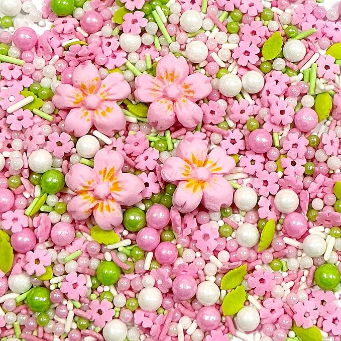 Homipooty Pink Flowers Sprinkles for Cake Decorating Edible Spring White Green Sugar Pearls Baking Cake Cookie Cupcake and Cake Topper Decorations