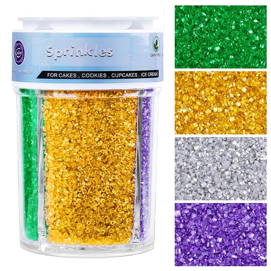 Mardi Gras Sanding Sugar Sprinkles for Cake Decorating, 4 Colors 8Oz Purple Green Gold Silver Sparkling Coarse Crystals, Decorating Icing Sugar for Cake Cupcakes Cookie Ice Cream Baking Topping