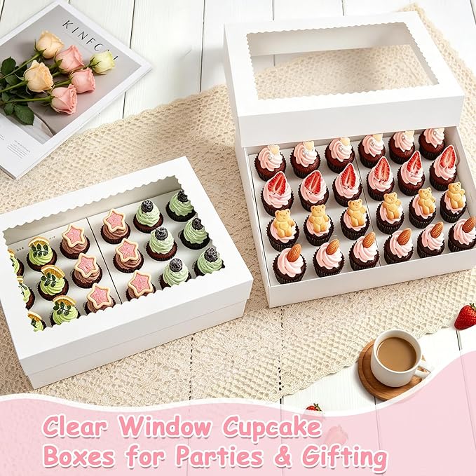4 Pack White Cupcake Boxes with Cake Boards for 24 MINI Cupcakes, Food Grade Dessert Muffins Box Cupcake Carrier Containers with Window and Inserts for Birthday Holiday Party Bakery Supplies