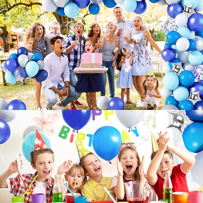 Amandir Navy Blue Balloons Arch Garland Kit, 144Pcs Royal Light Blue Confetti Silver Star Foil Balloons for Blue Birthday Baby Shower Wedding Graduation Party Decorations Supplies