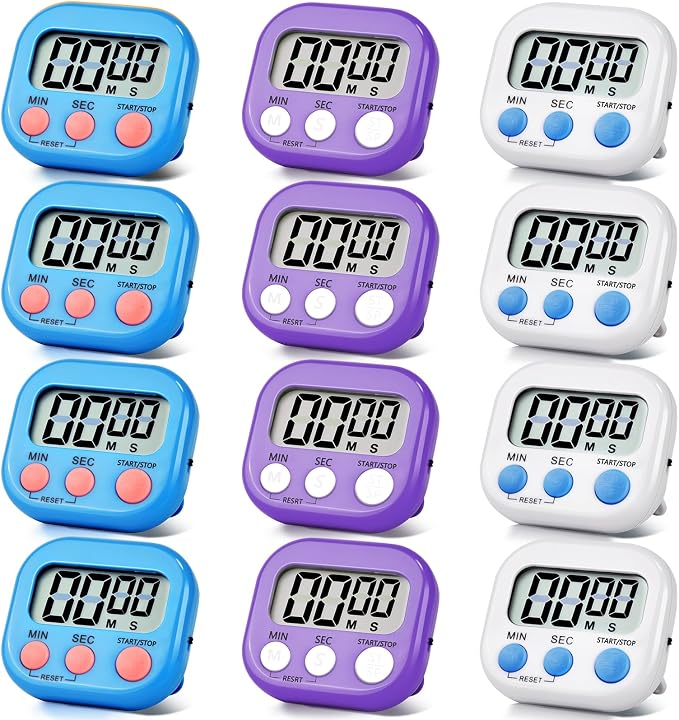 12 Pack Digital Kitchen Timer Magnetic Digital Timer with Big Display Loud Ring Cooking Timers for Kitchen Electronic Timer for Cooking, Bathing, Gym, Break Time, Classroom(12,White,Blue,Purple)
