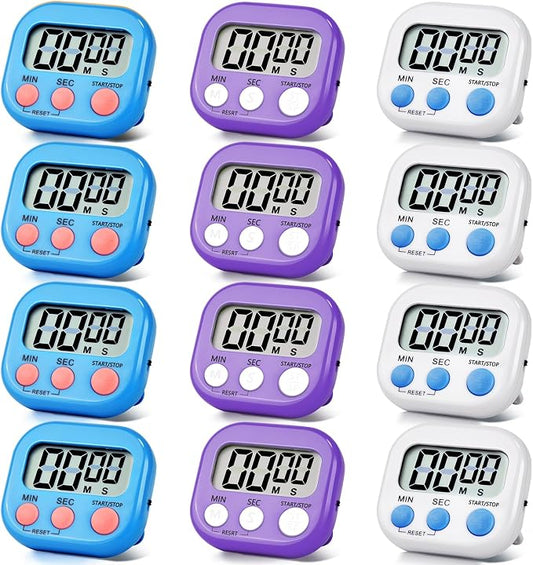 12 Pack Digital Kitchen Timer Magnetic Digital Timer with Big Display Loud Ring Cooking Timers for Kitchen Electronic Timer for Cooking, Bathing, Gym, Break Time, Classroom(12,White,Blue,Purple)