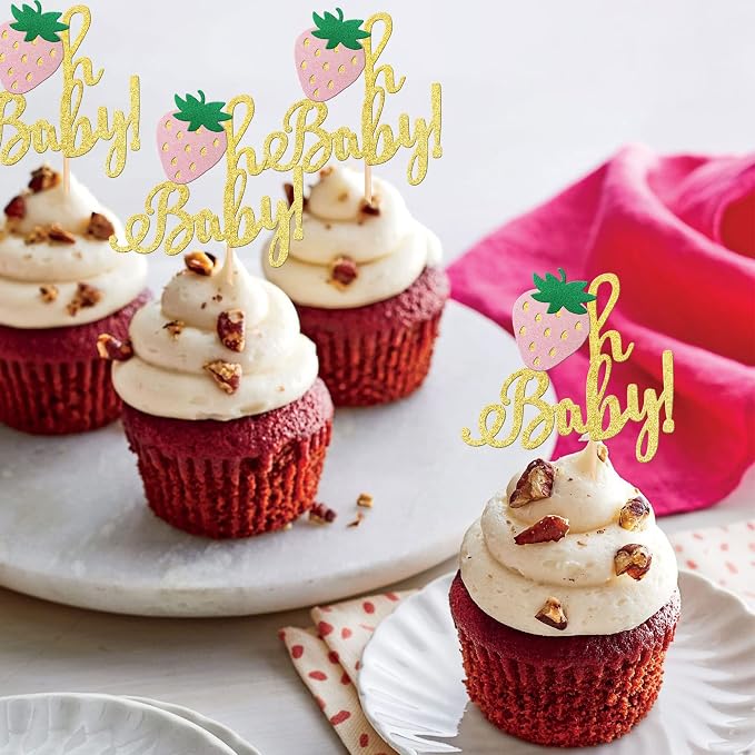 24 PCS Strawberry Oh Baby Cupcake Toppers Glitter Baby Shower Strawberry Cupcake Picks for Fruit Theme Baby Shower Kids Boys Girls Birthday Party Cake Decorations Supplies Gold