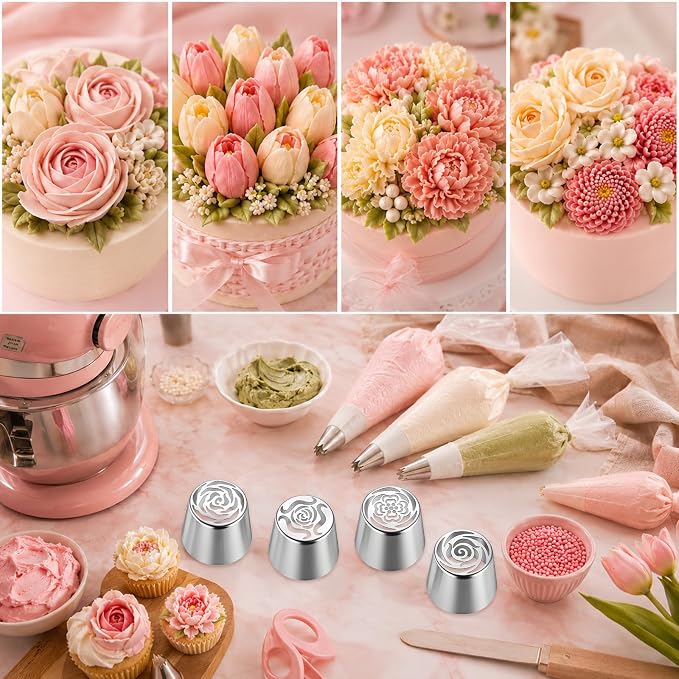 4 PCS Flower Russian Piping Tips, Stainless Steel Extra Large Russian Piping Tip Set 3D Flower Tips for Cake Decorating, Flowers Shaped Frosting Nozzle Kit for Wedding Birthday Cakes Cupcakes Cookies