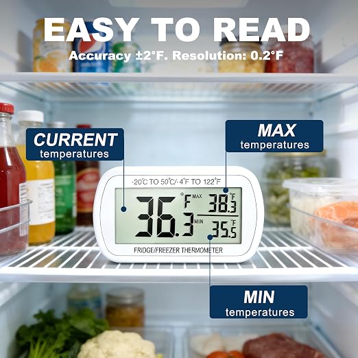 Waterproof Refrigerator Fridge Thermometer, Digital Freezer Room Thermometer, Max/Min Record Function Large LCD Screen and Magnetic Back for Kitchen, Home, Restaurants (4 Pack)