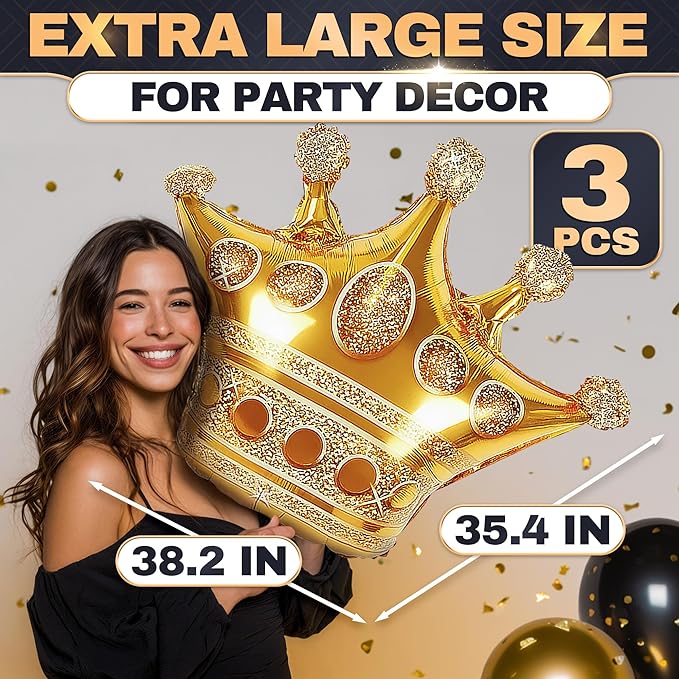 3 Pcs Gold Crown Balloons - Foil Princess Balloons Set, Large 38.2" X 35.4" Gold Crown Balloon - Reusable Design for Photo Zones, Birthday Parties, Weddings, Graduations & Princess Party Decorations