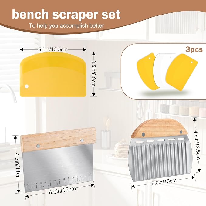 5 Pcs Bench Scraper, Bench Scraper Kitchen 2 Pcs Stainless Steel Dough Scraper with Wood Handle and 3 Pcs PP Food Scraper with Hanging Hole, Multipurpose Bread Dough Cutter for Baking-Yellow