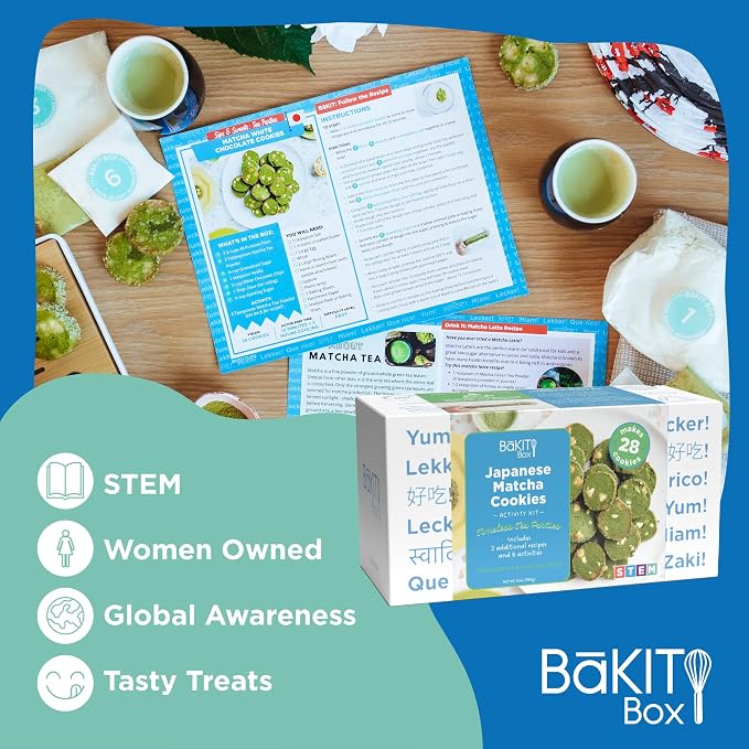 BāKIT Box Japanese Matcha Cookie Kit for Kids – Learn About Japan + Make Cookies – Includes Printed Recipe & Activity Guides – Educational Baking Gift