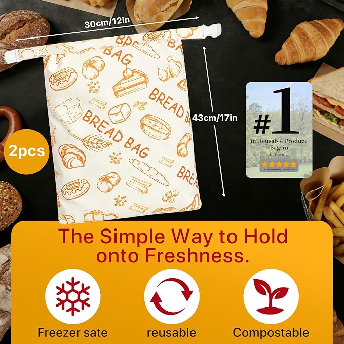 Reusable Beeswax Bread Bags Sourdough - Large Linen Bees Wax Bag for Storage Homemade Loaf - Cotton and Waxed Wrap Lined Container Lined for Sour Dough Fresh Food - Sealable Bread Keeper 2PK Set Gifts