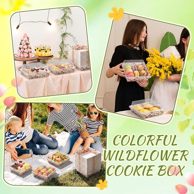 Potchen 50 Pack Bakery Boxes with Clear Lids, Disposable Charcuterie Treat Boxes for Cookies, Donuts, Cupcakes, Candy and Mini Cake, Party Favor for Wedding and Gift Giving (Wildflowers)