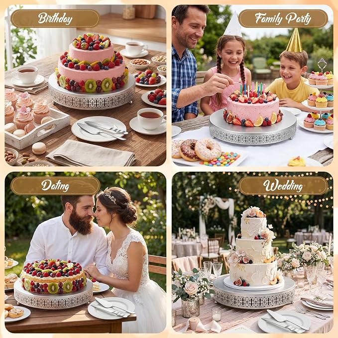 Wenqik Silver Cake Stand 20 Inch Metal Round Cupcake Dessert Stand with Cake Cutting, Spatula Cookies Cupcake Pastry Display Candy Holder Fruit Serving Tray for Wedding Birthday Party