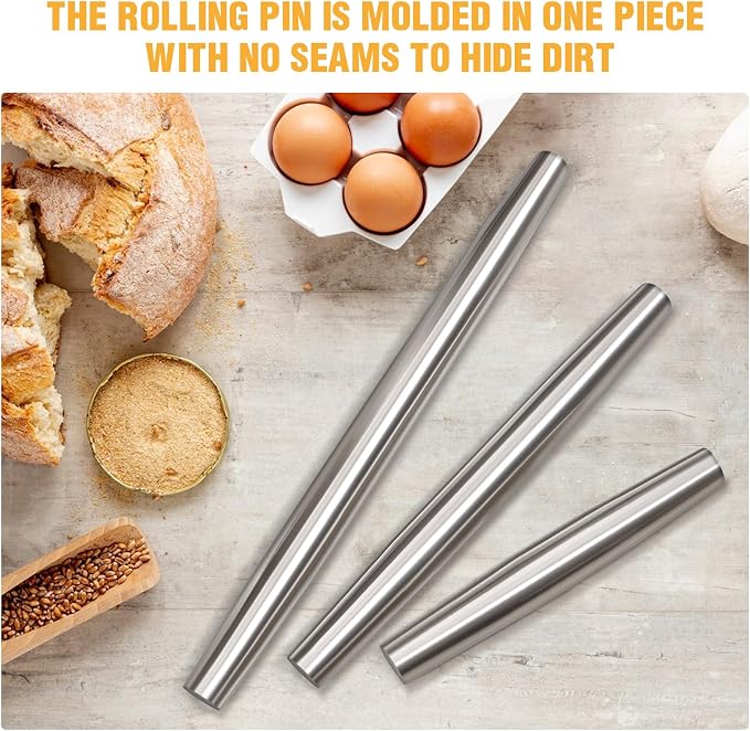 AMUZHI Smooth Seamless Stainless Steel Rolling Pin, 8.86 Inch | Easy to clean food grade metal, ideal for daily pizza, pie, pasta, dumpling and cookie dough household baking