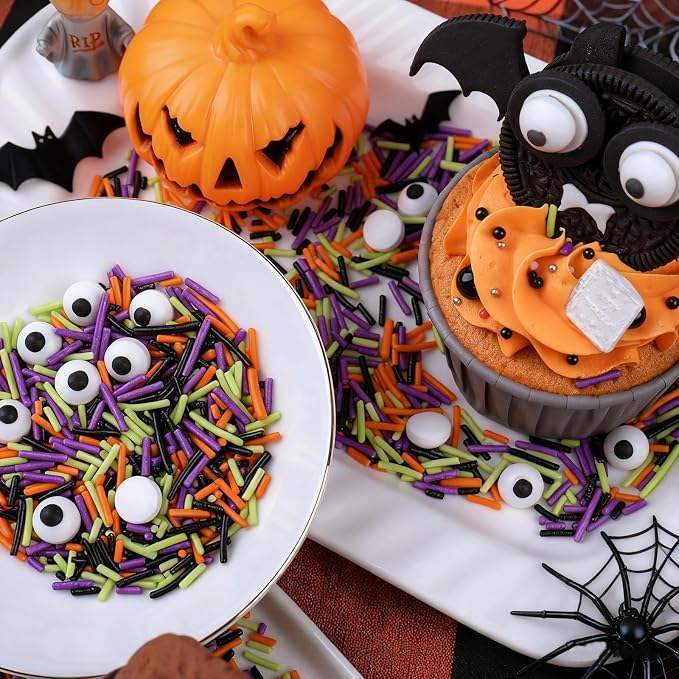 Halloween Sprinkles Mix with Edible Candy Eyes - Black Orange Purple Green Jimmies for Cake Decorating, Cookies, Cupcakes, Baking, and Halloween Party Supplies, Scary Theme Sprinkles