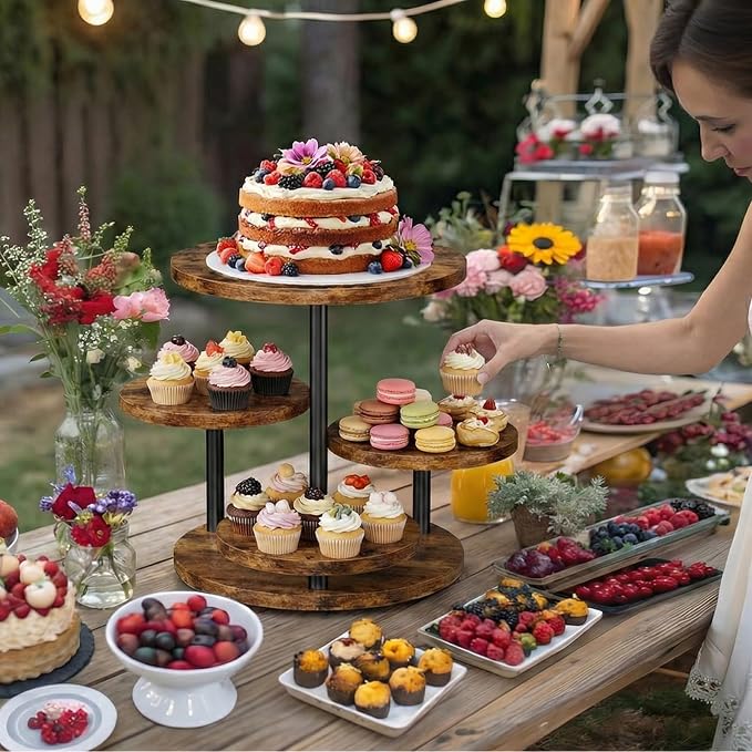 Cupcake Stand 4 Tier for 50 Cupcakes Wooden Cake Stand 360°Rotatable Dessert Stands Round Cookie Tiered Tray Stand for Party Birthday Wedding Baby shower Afternoon Tea Dessert Table, Brown