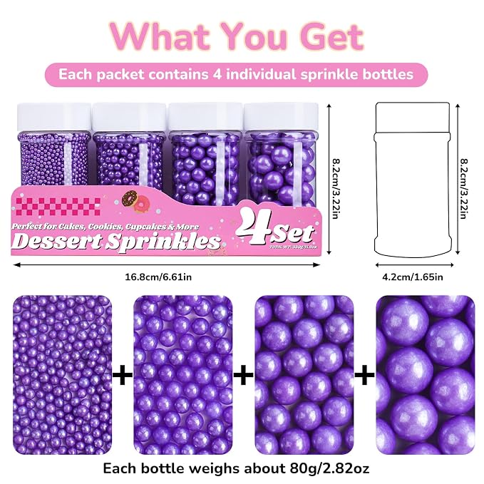 Purple Pearl Sprinkles for Cake Decorating, 11.3oz/320g Edible Pearls Sugar 4 Jars Set for Baking Cupcakes Cookies