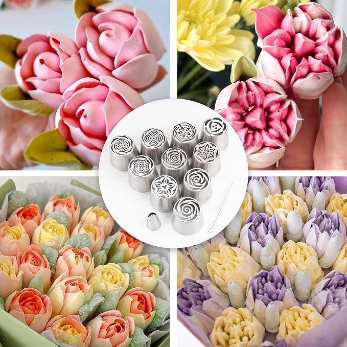12-Piece Extra-Large Russian Flower Piping Tip Set, Stainless Steel Rose and Tulip Piping Tips for Cake Decoration, Including 10 Extra-Large Flower Tips, 1 Leaf Tip, and 1 Brush