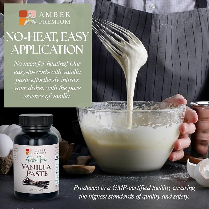 Amber Premium Alcohol Free Vanilla Bean Paste 150g / 4 fl oz (US) - Made with Authentic Madagascar Vanilla Beans - Vegan, Kosher, Chef Recommended for Baking, Desserts, and Pastries