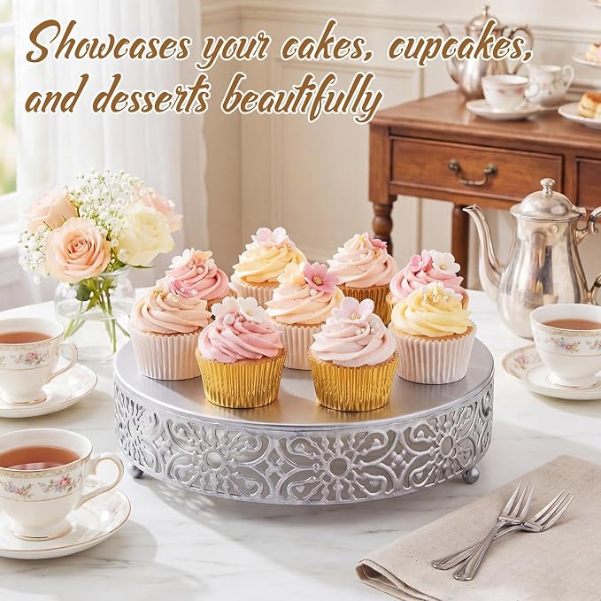 Wenqik 12 Inch Cake Stand Round Metal Cupcake Dessert Wedding Cake Stand Cookies Display Holder Fruit Food Serving Tray for Table Wedding Birthday Anniversary Party Decor (Silver)