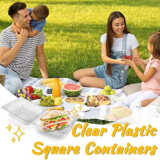 Qyyiguf 200 PCS Clear Plastic Square Hinged Containers,Disposable To Go Containers with Lids,Clamshell Food Containers for Sandwiches,Dessert,Cakes,Cookies,Salads,Pasta(5.3x4.7x2.8 In), 41wsdSDF