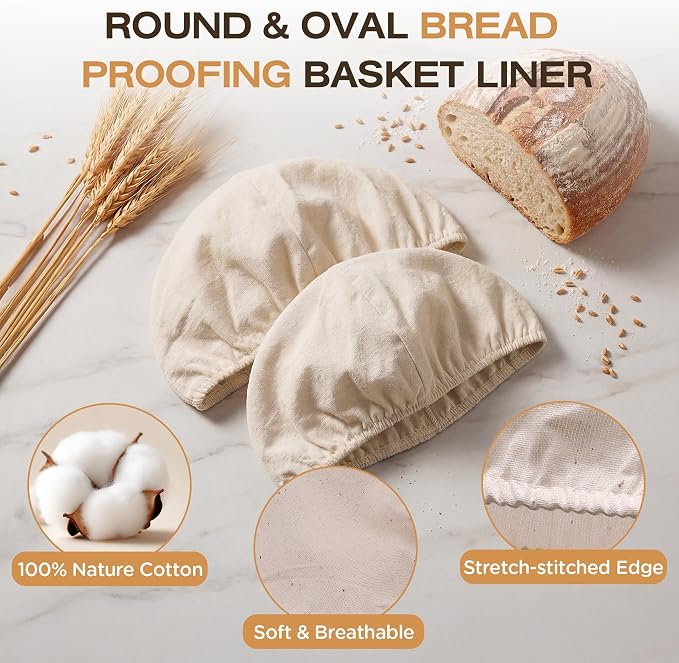 Koackl Bread Proofing Cover - 4 Pack 9" Round Basket & 2 Pack 10" Oval Basket Liners Cloths Reusable Cotton Bread Proofing Liners for Sourdough Baking, 10" Compatible with Round/Oval Banneton Baskets