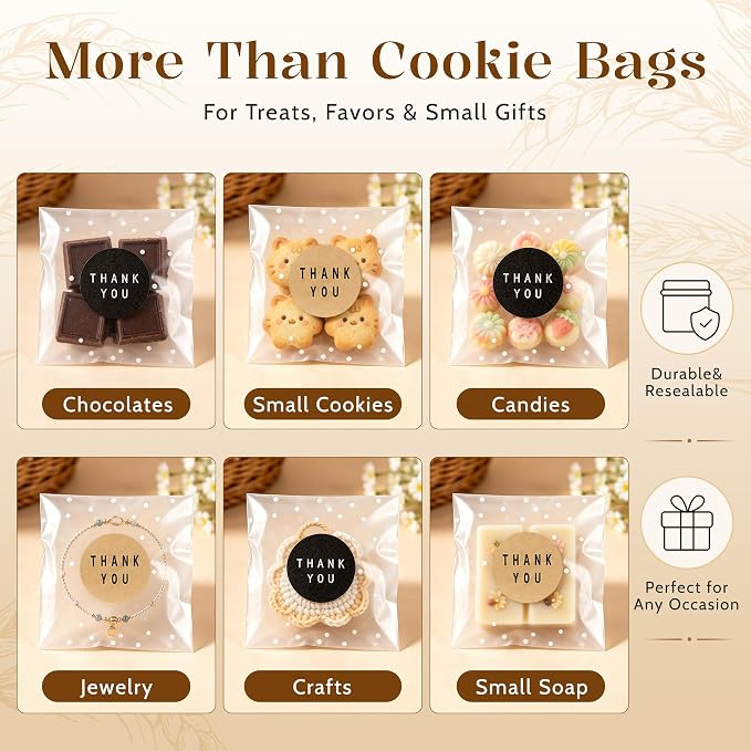 NPLUX 200PACK Self Sealing Cellophane Treat Bags Clear Cookie Bags for Gift Giving with Stickers, Party Favor, Graduation Gift Bags(White Polka Dot, 4X4INCH)